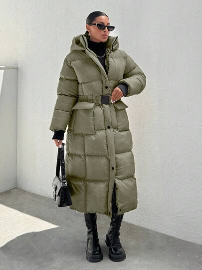 EURMUSE Hooded Buckle Belt Quilted Long Puffer Women's Down Coat With Gloves