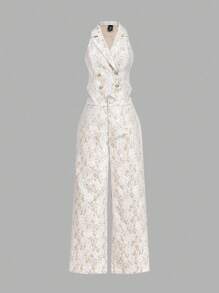 SHEIN MOD Plus Size 2 Pieces Set : White Lace Patchwork Apricot Vest And Long Pants, Elegant For Commuting And Everyday Wear,Teacher Outfits For Women,Back To School Clothes - Apricot - View 3