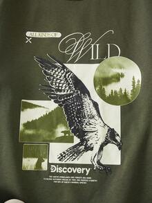 Discovery X SHEIN 男士休闲时尚街头鹰与标语图案落肩宽松羊毛套头衫，秋冬