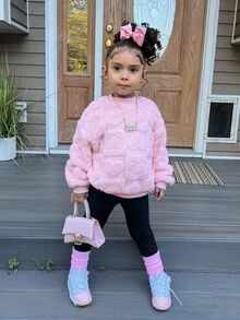 SHEIN Kids Tween Girl Casual Knit Fluffy Heart Print Pullover Sweatshirt Autumn Top And Solid Color Knit Leggings Set, Winter - Pink - View 4