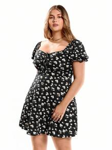 Solavibe 碎花印花褶饰胸前结饰泡泡袖夏季波西米亚风连衣裙 - 黑色 - 查看 4