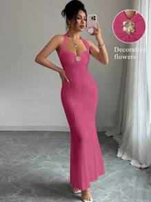 Elenzga Women's Elegant Solid Color Textured Fitted Halter Tie Maxi Fish Tail Dress