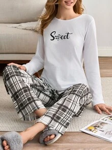 EURMUSE Conjunto de pijama de algodão PLUS CURVE com 2 peças, camisa de manga comprida com letras e calças de dormir xadrez, roupa de dormir para casa