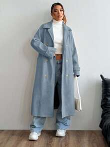 EURMUSE 女式纯色简约日常翻领长袖大衣 - 霧霾藍 - 查看 7