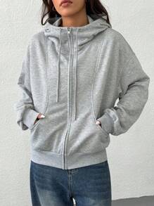 SHEIN EZwear Plus Size Hooded Sweatshirt With Front Zipper And Pockets, Solid Color, Long Sleeve, Casual,Fall Clothes For Women