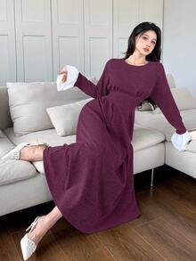 Feyla 女士圆领落肩长袖拼色褶饰优雅连衣裙 - 紫色 - 查看 2