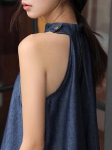 SHEIN Unity 女式蓝色假日休闲夏季牛仔连衣裙，宽松挂脖无袖牛仔 A 字裙 - 藍色 - 查看 7