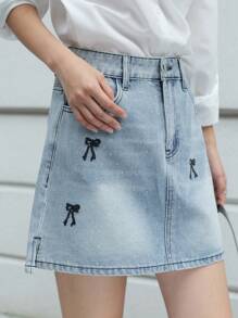 K-Vae Women's Bow Pattern Pocket Hot Diamond Casual Denim Skirt,Fall Women Clothes,School Clothes - Light Wash - View 4