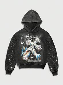 ROMWE MEN Goth Men's Letter & Cross Print Rhinestone Decor Drawstring Hoodie Sweatshirt , Fall