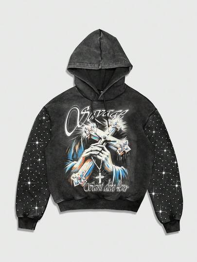Goth Men's Letter & Cross Print Rhinestone Decor Drawstring Hoodie Sweatshirt , Fall