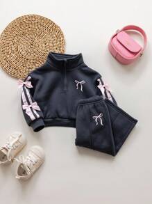 SHEIN Babygirl Cute Versatile Grey Bow Collar Sweatshirt Set, Autumn/Winter Autumn And Winter Two Piece Suit Toddler Girl Two Piece Sets Toddler Girl Tracksuit Girls Two Piece Set Girl Clothes Sets Fall