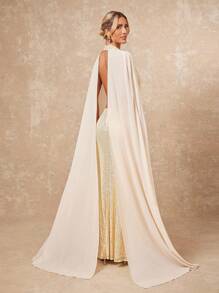 Lumalex 2025新款夏季海滩度假复活节波西米亚风格海滩户外婚礼派对成人毕业派对优雅奢华杏色亮片雪纺飘逸垂坠领修身鱼尾下摆连衣裙女 - 杏色 - 查看 2