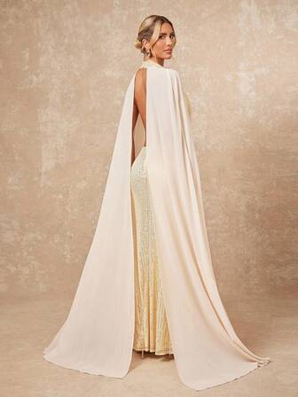 Lumalex 2025新款夏季海滩度假复活节波西米亚风格海滩户外婚礼派对成人毕业派对优雅奢华杏色亮片雪纺飘逸垂坠领修身鱼尾下摆连衣裙女