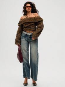 Aloruh 女士新款秋冬时尚露肩日常装复古套头衫修身翻领蓬松毛茸茸外套 - 棕色 - 查看 5