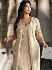 Easura Robe-pull long en tricot torsadé pour femmes grandes tailles, automne/hiver. Cardigan-pull à manches longues, décontracté chic. Convient pour la sortie, les vacances, les fêtes - Kaki - Voir 7
