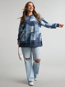 Comfylo Plus Size Casual Denim Effect Print Side Slit Sweatshirt, Fall Winter Autumn Long Sleeve Tops Going Out Tops For Women - Blue - View 2