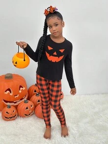 SHEIN Ensemble pyjama adolecente mignon avec t-shirt à motif d'Halloween et pantalon à carreaux, ajusté et décontracté, vêtements d'automne, pour la fête d'Halloween - Noir - Voir 4