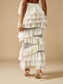 MISSGUIDED 分层荷叶边长裙网眼嵌片维多利亚风格蕾丝细节派对婚礼宾客晚会特殊场合分层设计春夏系列 - 白色 - 查看 2