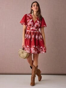 Enchnt 秋冬浪漫女式波西米亚风亚麻红色花卉印花 V 领短袖束腰迷你连衣裙 - 紅色 - 查看 6
