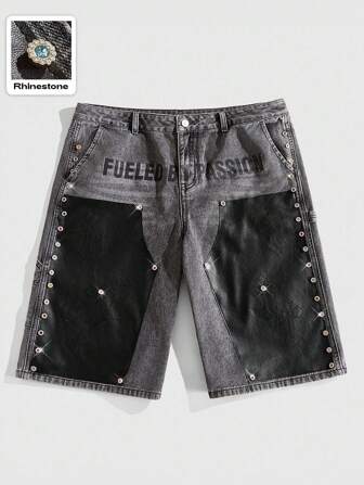 Street Life Men's Rhinestone Patchwork Cargo Denim Shorts