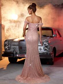 Glamrae 优雅奢华露肩连衣裙，带有亮片、亮片、网眼和褶饰美人鱼下摆，适合婚礼、派对、度假、庆典和正式活动（重度装饰） - 香檳色 - 查看 2