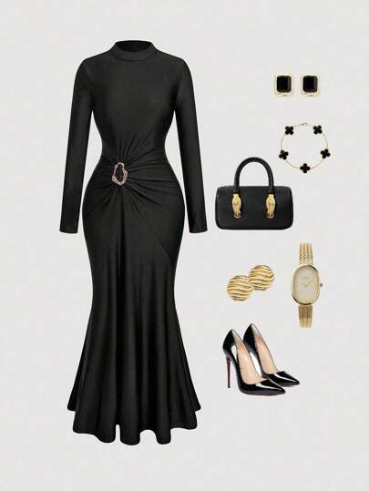 SHEIN MOD Christmas Plus SizeElegant Solid Color Mermaid Dress For Party , Stand Collar Mesh Black Ruffled Gathered Black Long Dress,Fall Women Clothes,Dresses For Women Elegant,Boho,Hawaii Outfits Women,Birthday Dresses,Going Out Dress,Old Money Dress, Long Sleeve Maxi Dress