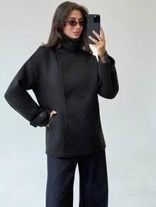 Aloruh Abrigo casual de mujer de unicolor, de doble botonadura, con hombros caídos y mangas largas, para otoño/invierno - Negro - Ver 1