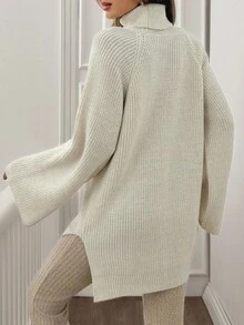 SHEIN Tall Áo len cổ lọ dáng rộng, dáng dài thoải mái, dáng rộng, dáng thu đông, chất liệu trơn, thoải mái, dáng rộng cho nữ - Màu be - Xem 2