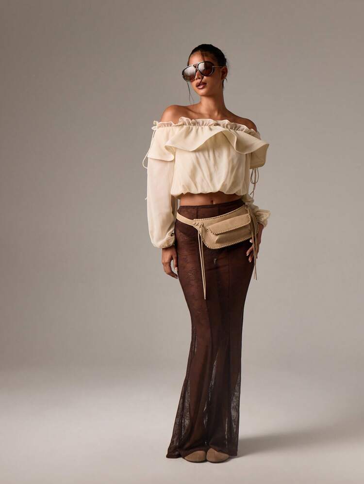 AiiRZ Blusa con cuello de volantes y hombros descubiertos, manga larga de globo de gasa, elegante para eventos de noche, bodas y estilo victoriano renacentista - Blanco - Añade 3