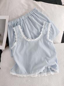 Tween Girls Comfortable Casual Base Striped Camisole + Short Lace Splice Set, Daily Wear, INS Style - Blue - View 2