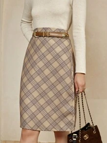 Cévolie 女士时尚优雅格子中长裙 - 彩色 - 查看 6