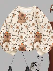SHEIN Bộ đồ gồm 2 món: Áo nỉ cổ tròn và quần ống loe in hình hoạt hình thú vật Capybara vui nhộn dành cho bé gái, chất liệu dày dặn, thoải mái, thích hợp cho mùa thu đông, dễ mặc, nhiều lớp cho bé gái, phong cách thời trang, trang phục thường ngày, quần áo in hình cho trẻ em, đi học, trang phục mùa thu, lễ hội. - Nhiều màu - Xem 5