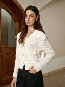 INAWLY Women's Faux Pearl Single-Breasted Long Sleeve Pocket Loose Knit Cardigan Knit Pullover Fall Winter - Apricot - View 1