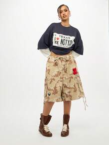 SUMWON WOMEN Cargo Utility Wide Leg Bermuda Shorts With Embroidered Patches Military Fashion Streetwear Summer Bottoms Holiday Festival Casual Drawstring