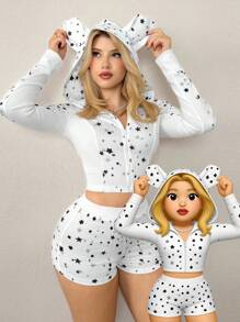 Sweetina 2 件女式印花拉链长袖上衣和修身迷你短裤套装秋季女装