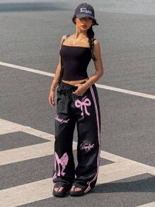Muchica Y2k Bottoms Woven Black Pants With Pink Bow Print Wide Leg Trousers,Fall