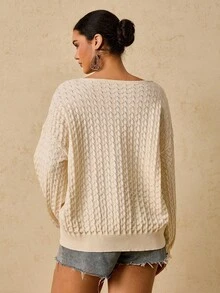 SHEIN VCAY Áo len dài tay rộng cổ chữ V màu mơ cỡ lớn dành cho nữ, áo chui đầu dệt kim có lỗ khoét rỗng, họa tiết, áo len nữ, áo len chui đầu cho nữ, áo len trễ vai, áo len cổ chữ V, áo len thu đông dành cho nữ, áo len nữ cỡ lớn, áo len trễ vai, áo len trắng - Màu be - Xem 3