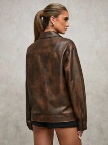 SHEIN BAE Damen einfarbige Reißverschluss Lässig vielseitige Langarm Jacke, braune Kunstleder Jacke mit melierter Textur, Gürtel am Saum, Bikerjacke im Vintage-Look, Winterjacke für Damen
