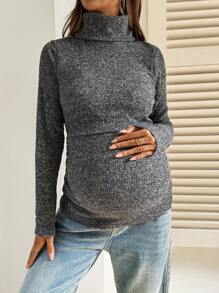 SHEIN 孕妇高领长袖休闲百搭哺乳上衣 - 灰色 - 查看 4