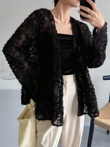 FRIFUL Áo khoác vest không tay dáng rộng cổ chữ V chất liệu vải kết cấu cho nữ, áo kimono ren đen, váy đen, áo choàng ren đen, váy choàng đen, áo cánh ren đen, váy đen, áo choàng ren, áo khoác nữ - màu đen - Xem 5