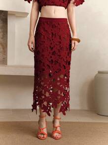 Arave 女士水溶性花边镂空定位设计优雅约会长裙度假 - 紅色 - 查看 4