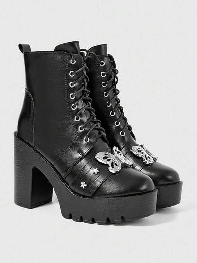 ROMWE Grunge Punk Women's Gothic Style Metal Butterfly Buckle Round Toe Platform Chunky Heel Punk Boots, PU Black High Heel Boots Suitable For Party, Daily Wear, Evening Dress, Height Increasing And Leg Lengthening, Halloween