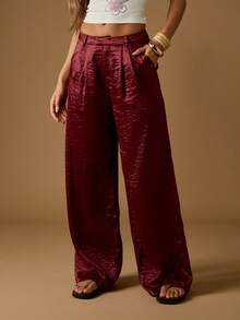 MISSGUIDED 奢华缎面阔腿裤天鹅绒酒红色褶皱高腰晚会节日正式家居服冬秋季系列正装裤 - 棕色 - 查看 6