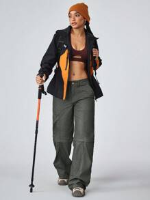 女式休闲低腰直筒可拆卸牛仔裤 - 軍綠色 - 查看 4