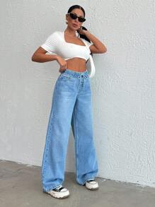 EURMUSE MID WAIST WIDE LEG  ELASTIC   JEAN - Light Wash - View 5