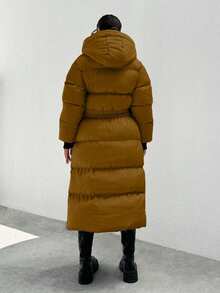 EURMUSE Hooded Buckle Belt Quilted Long Puffer Women's Down Coat With Gloves - Camel - View 2