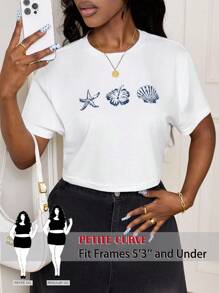 SHEIN PETITE CURVE Plus Size Casual Minimalist Starfish & Shell Pattern Crew Neck Short Sleeve Crop Top For Women, Suitable For Summer, Beach Vacation, Spring Break, Graduation