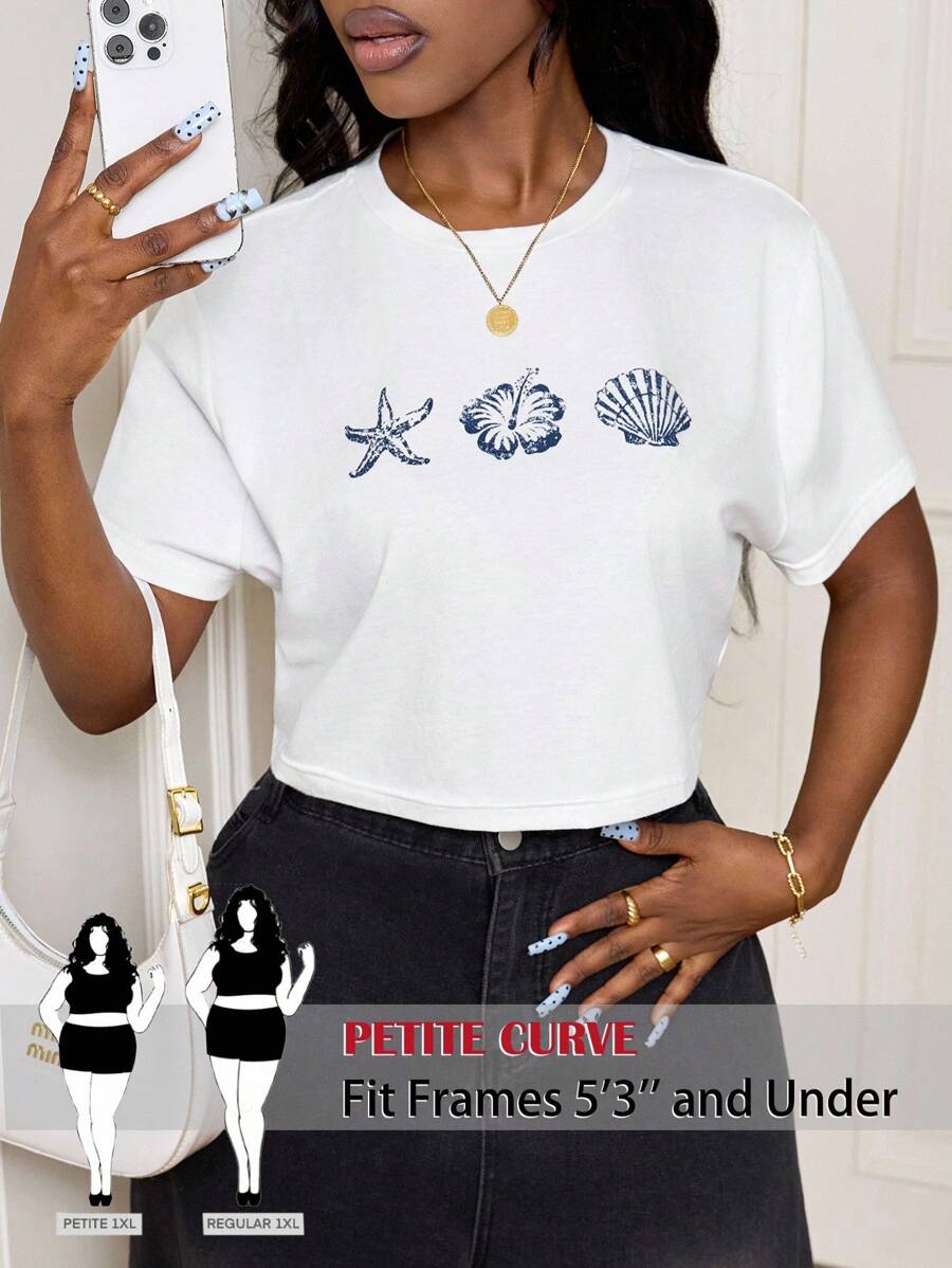 SHEIN PETITE CURVE Plus Size Casual Minimalist Starfish & Shell Pattern Crew Neck Short Sleeve Crop Top For Women, Suitable For Summer, Beach Vacation, Spring Break, Graduation
