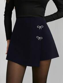 Firerie Women's Fashion Elegant Casual Bow Shorts Culottes - Navy Blue - View 5