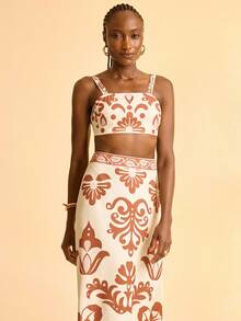 CAJUNI Chân váy chữ A dáng đứng in họa tiết Bohemian màu nâu đế màu mơ dành cho nữ, thích hợp cho kỳ nghỉ, bãi biển, hẹn hò, ngày lễ - Nhiều màu - Xem 3